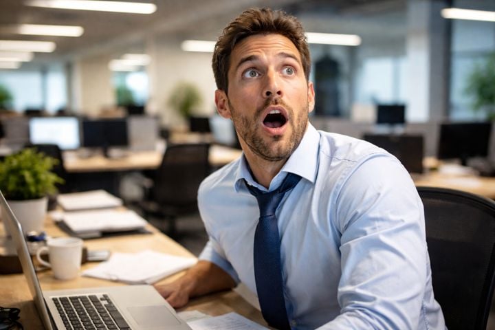 Office employee startled at his desk
