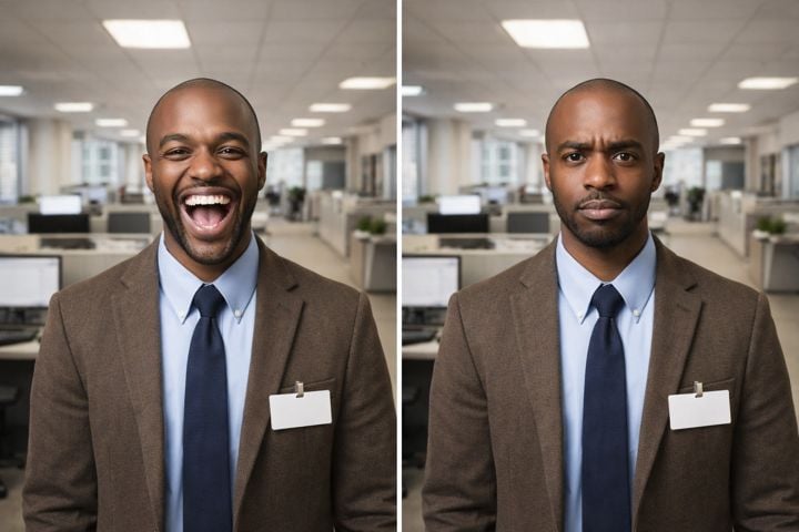 Office employee whose demeanor shifts from cheerful to withdrawn